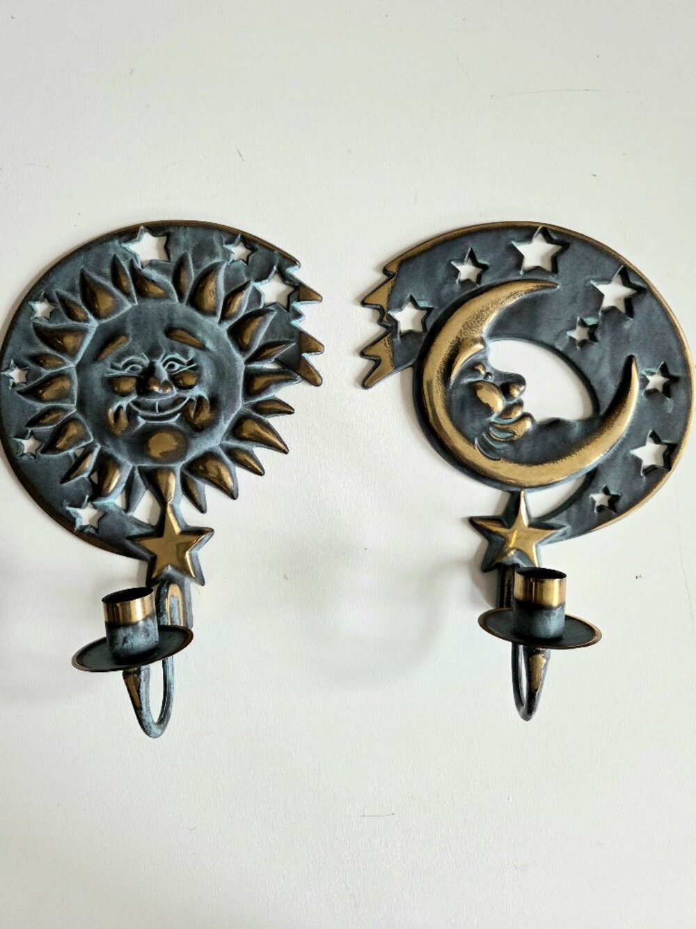 Vintage Brass Celestial Moon and Sun Wall Candle Holders 1994s Made in Tawan